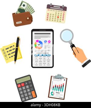 Online Auditing, Tax, Accounting Concept. Auditor Holds Smartphone in Hand and Checks Financial Report with Charts on Screen using a Magnifying Glass. Stock Vector