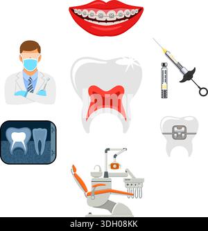 Dental Services Infographics with Oral Hygiene and Dental Clinic. Icons in Flat Style Doctor, Dentist Chair, Tooth and Braces. vector illustration Stock Vector
