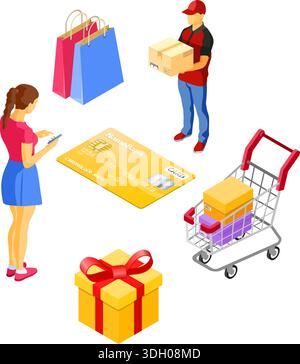 Smartphone with Online Delivery, Box, People. Internet Shopping and Online Electronic Payments Concept. Isometric icons. isolated vector illustration Stock Vector