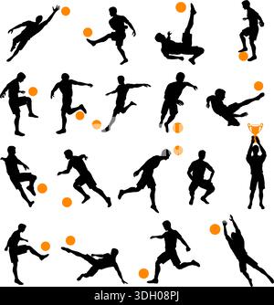 set silhouettes soccer football players, goalkeeper, team champion with cup, soccer ball in various poses, vector isolated on white background Stock Vector