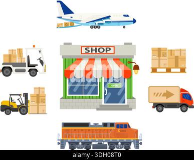 Freight Transport and Logistics Banner Infographics in Flat style icons such as Truck, Plane, Train, Ship. Vector for Brochure, Web Site and Printing Stock Vector