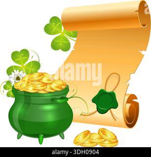 St. Patrick Day Poster with Manuscript, Pot, Gold Coins and Sealing Wax, vector isolated on white background Stock Vector