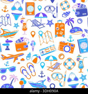 Vacation and Tourism Seamless Pattern with Flat Icon Set for Mobile Applications, Web Site, Advertising like Boat, Cocktail, Island, Aircraft and Suit Stock Vector