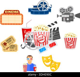 Cinema and Movie time concept with flat icons masks, 3D glasses, clapperboard and viewer with popcorn and soda in hands, isolated vector illustration Stock Vector
