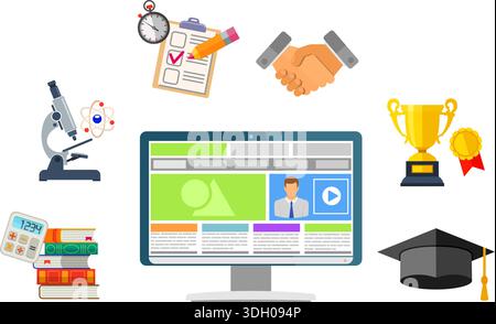 Online Education Infographics with Flat Icon Set for Flyer, Poster, Web Site Like mortarboard, books, Microscope and computer. isolated vector illustr Stock Vector