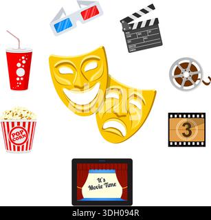 Concept online movie, tablet pc with cinema on screen, flat icon style, isolated vector illustration Stock Vector