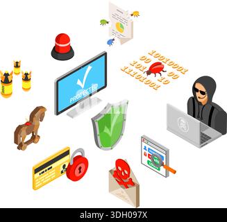 Internet security horizontal banners with isometric flat icons like hacker, virus, antivirus and spam. vector illustration. Stock Vector