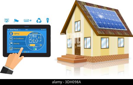 Smart House and internet of things concept Man holding tablet PC similar to ipad horizontal in hand and smart home controls. vector illustration Stock Vector