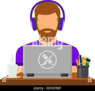 Bearded man freelancer designer in headphones working on laptop. Flat style icon. Isolated vector illustration Stock Vector