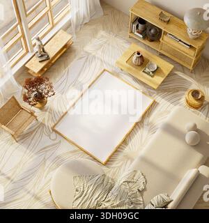 Modern Japandi mock-up top view scene with calm neutral tones, perfect as a branding mock-up base or aesthetic template background for minimal design Stock Photo