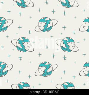 Pattern with cosmic starry universe. Hand drawn doodle style sketch, cute background with planets Saturn and stars. Vector illustration Stock Vector