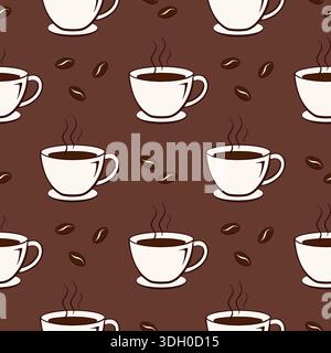 Coffee cups on brown background, pattern with coffee beans and white mugs. Vector illustration Stock Vector