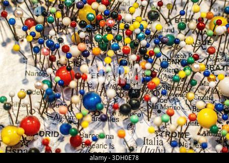 pins marking possible travel points on a Europe map, Republic of Malta, Europe Stock Photo