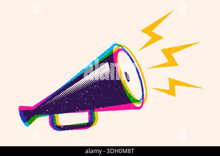 Vector vintage poster with retro megaphone in CMYK colors. Vector illustration of a megaphone in glitch style. Stock Vector
