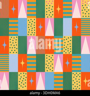 Vector seamless pattern for Christmas in retro graphic patchwork style. Vector seamless abstract pattern for Christmas and winter holidays. Stock Vector