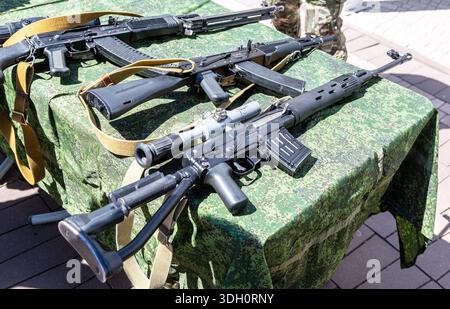 Samara, Russia - May 25, 2024: Various russian firearms, assault rifles. Different samples of russian small arms Stock Photo