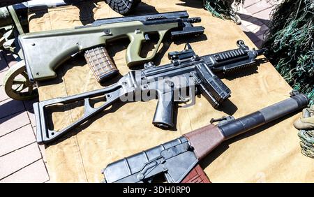 Samara, Russia - May 25, 2024: Various russian firearms, assault rifles. Different samples of russian small arms Stock Photo