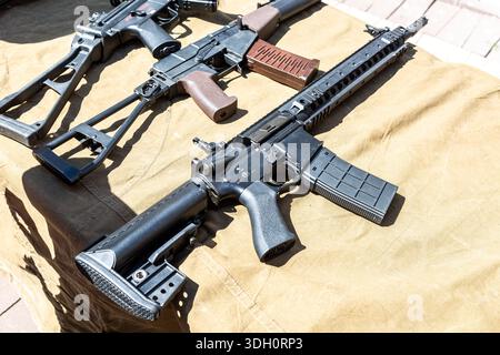 Samara, Russia - May 25, 2024: Various russian firearms, assault rifles. Different samples of russian small arms Stock Photo