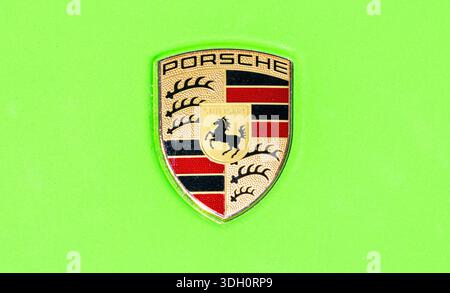 Samara, Russia - May 25, 2024: Porsche automobile logo on the car Stock Photo