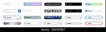 Vector set of colorful search bar UI elements in red blue and green with magnifying glass icons buttons and input fields designed for web interfaces a Stock Vector