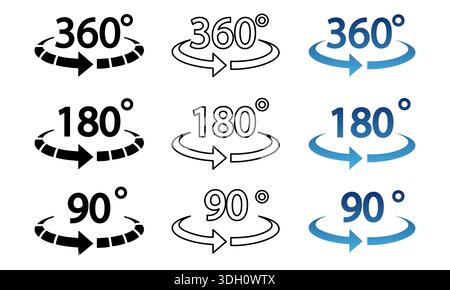 180, 90, 360 degrees vector icon set. Round signs with arrows rotation to 180 degrees.180 degree angle half circle than 360 degree. 180 degrees logo, Stock Vector