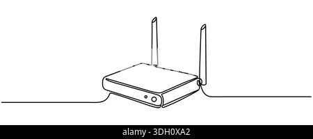 Continuous line drawing of a wireless router with antennas and cables in minimalist black and white single line art style Editable stroke. Stock Vector