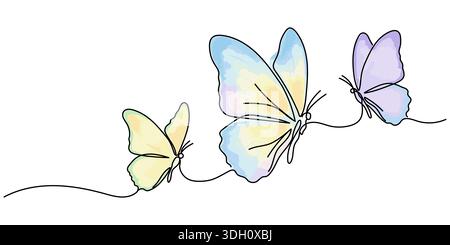 Colorful pastel Butterfly continuous line hand drawing. Flying moth simple linear style isolated on white background. Editable stroke. Stock Vector