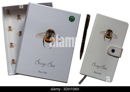 Busy Bee Diary 2026 with pen and box isolated on white background Stock Photo