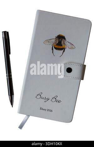 Busy Bee Diary 2026 with pen isolated on white background Stock Photo