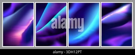 Aurora borealis gradient background set with northern light in abstract fluid waves. Vibrant teal, purple and pink glow with dynamic energy flow for modern digital wallpaper or poster designs. Stock Vector