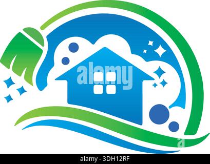 Home Cleaning Service Logo Concept sign icon symbol Element Design. Bubble, House, Leaf, Plumber, Plumbing Logotype. Vector illustration template Stock Vector