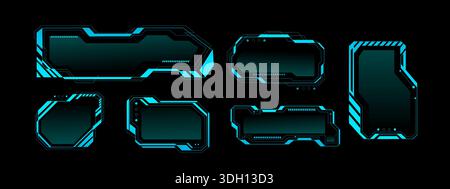 Frame tech UI elements with glowing HUD interface design. Cyberpunk game screen with digital border frames and holographic tech elements. Futuristic UI control panel with neon elements and text boxes Stock Vector