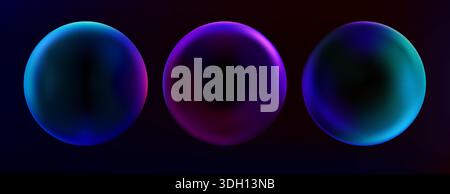 3D gradient spheres and abstract bubbles on black background. Futuristic flowing shapes blend neon colors from blue and green to purple with soft light effects. Dynamic fluid modern circular forms. Stock Vector