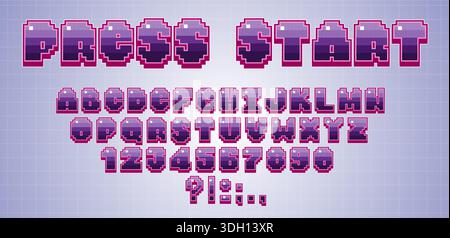 Retro game pixel typography with classic 8 bit computer font styling. Arcade video text elements with geometric letters and vintage gaming aesthetics. Cyberpunk interface design in neon colors. Stock Vector