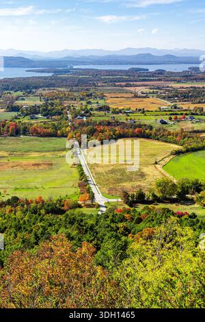 Aerial view of Lake Champlain from New York at the Vermont border with fall foliage and distant mountains, gorgeous landscape scenery in New England Stock Photo