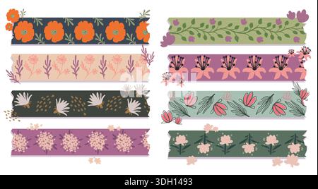 Floral washi tapes collection isolated on white background. Vector illustration of color strips with seamless hand drawn flower and plant pattern, organic scrapbook decor pieces with uneven torn edges Stock Vector