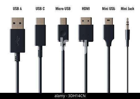 USB connector collection with various cable types - USB A and C, micro and mini, HDMI and audio jack. Realistic 3D black cables equipment with chrome ports for device charging and data connection. Stock Vector