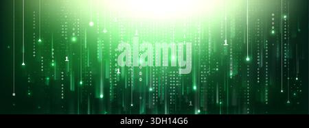 Green matrix code background with binary data numbers flowing in digital pattern. Cyber security screen with programming digits, hacker technology effect and dynamic 01 sequence for tech wallpaper. Stock Vector