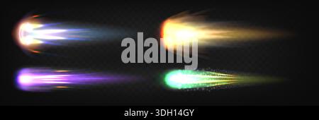 Space rocket fire trails set isolated on transparent background. Vector realistic illustration of neon light and smoke effect after jet missile flight, comet blast energy, spaceship launch speed Stock Vector