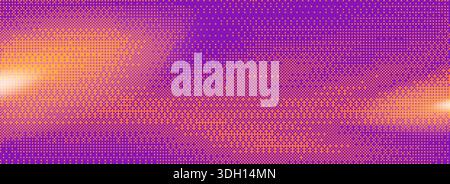 Neon pixel texture background with gradient purple and orange wave pattern. Retro bitmap dither effect with dot grain for game design. Vibrant 8bit glitch art with geometric halftone overlay. Stock Vector