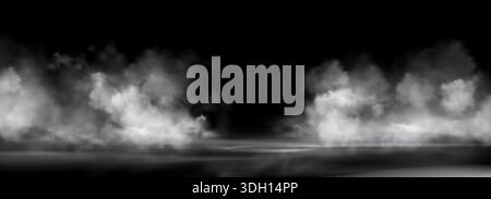 Gray smoke clouds on black water surface. Vector realistic illustration of thick transparent fog, dirty dusty air, dark vapor floating at night, spooky Halloween atmosphere design, horror haze effect Stock Vector