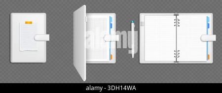 Open and closed notebook mockups isolated on transparent background. Vector realistic illustration of white hardcover diary with blank grid, dot, line pages, memory note and pen, business stationery Stock Vector