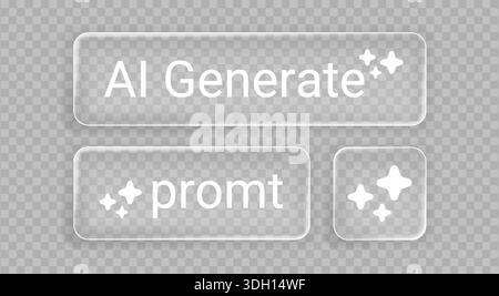Liquid glass interface buttons for AI generate technology with rounded rectangular shapes, sparkles icon and text. Transparent frosted elements decorated by stars. Modern 3D ui app design assets. Stock Vector