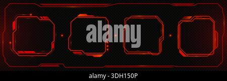 Digital game interface set with tech HUD elements and futuristic frames. Cyberpunk UI design of red neon borders, holographic panels, cyber screens and glowing box shapes for sci fi projects. Stock Vector