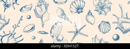 Vintage seashell pattern with hand drawn sketches of shells, starfish and ocean elements. Seamless marine design with outline illustrations in blue ink. Beach themed wallpaper with coastal charm. Stock Vector