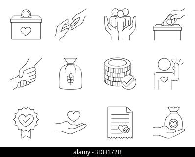 Outline icons representing global humanitarian aid, volunteer community support, donations, charity work and social welfare services Stock Vector