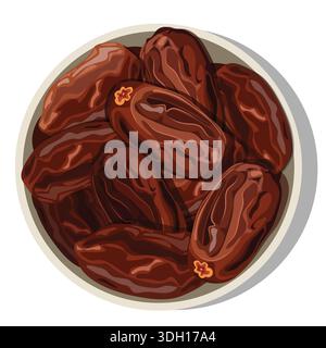 A Top-down vector illustration of a ceramic bowl filled with dark brown dried date palm fruits (Phoenix dactylifera) Stock Vector