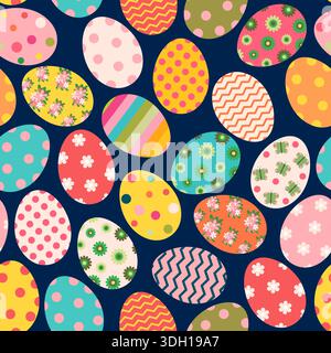 Colorful vector Easter seamless pattern with painted eggs with dots stripes and floral designs on dark blue background Stock Vector
