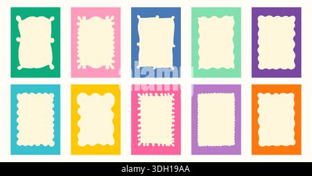 Wavy scalloped rectangular vector frames, Decorative text boxes with borders with squiggly edges for invitations and kids designs Stock Vector