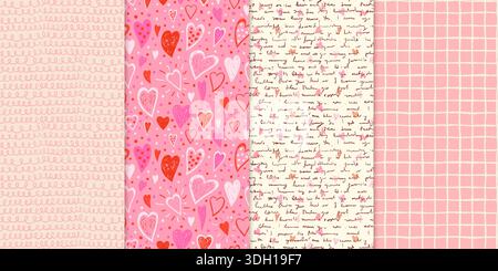 Hand painted romantic Valentine's Day vector seamless patterns with hearts, handwritten text, loops and grid for backgrounds and banners Stock Vector